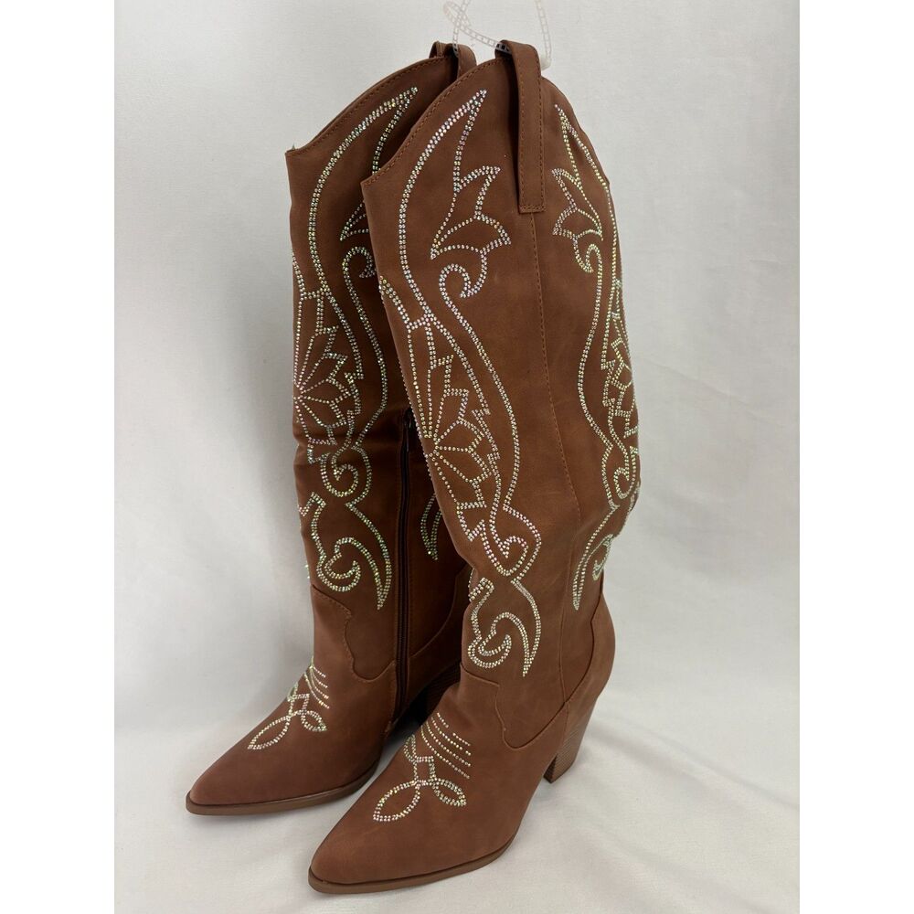 Tall Brown Western Rhinestone Cowgirl Boots Cowboy NEW Size 9 Block Heel Country